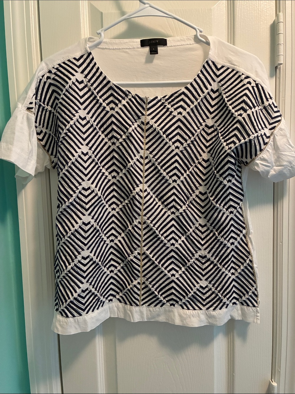 J. Crew White and Navy Geometric Short Sleeve Tee